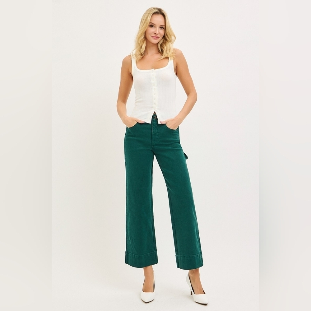 RISEN HR Tummy Control Wide Leg Cropped Jeans Cargo Hunter Green Various NEW